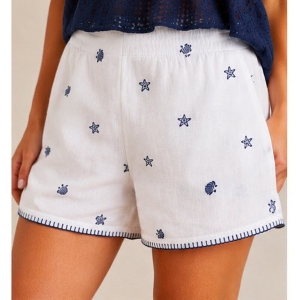 Calypso St Barth Embroidered Shell & Starfish Shorts White Size Large